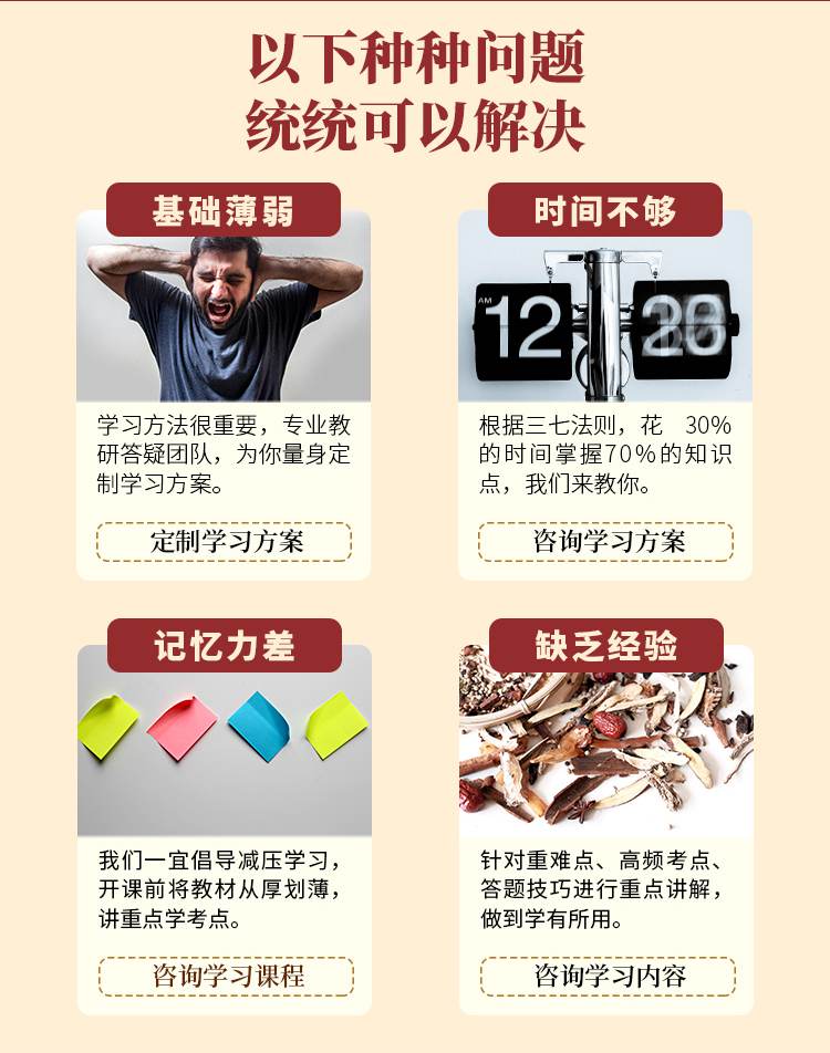 以下种种问题统统可以解决：基础薄弱、时间不够、记忆力差、缺乏经验